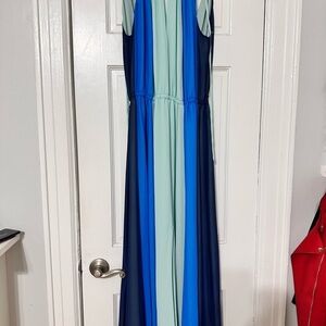 Eva Mendes Blue and Teal Striped Maxi Dress